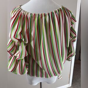 Coco Bianco Green and Red Ruffled Tie Front Blouse